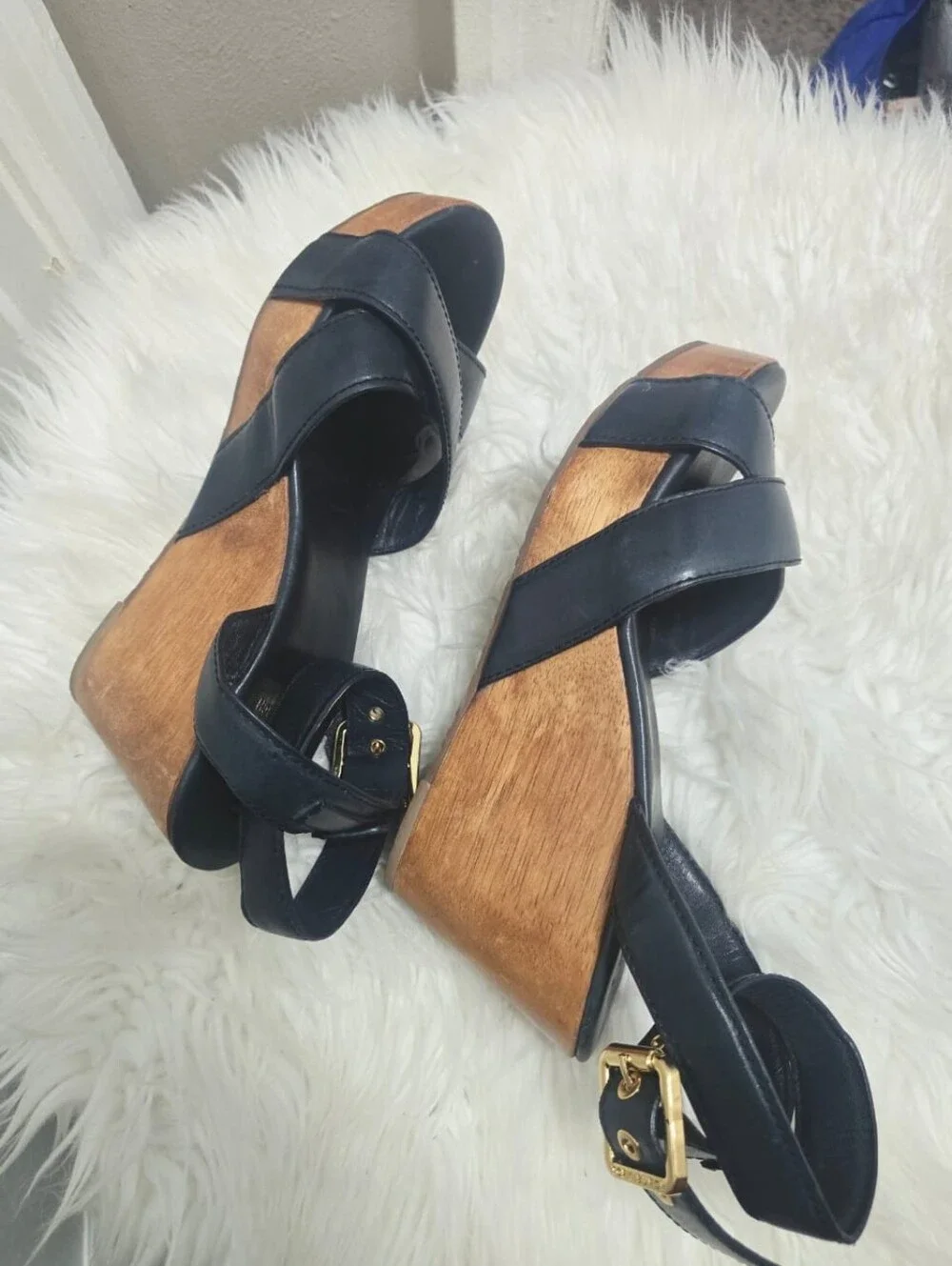 Tory Burch Almita Black Leather Ankle Strap Platform Wedge Sandals size 8.5M
